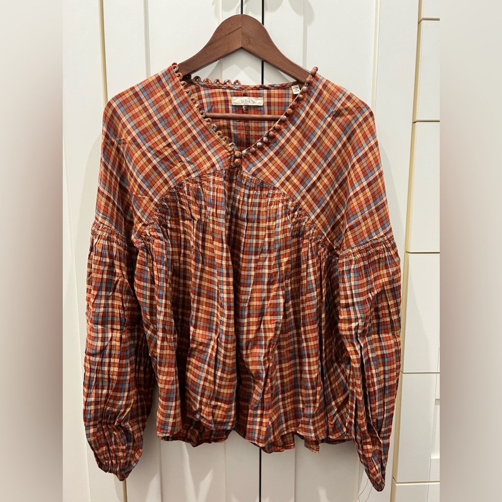 Pre-owned GUC Dôen Thistle top, blue autumn plaid. Size S